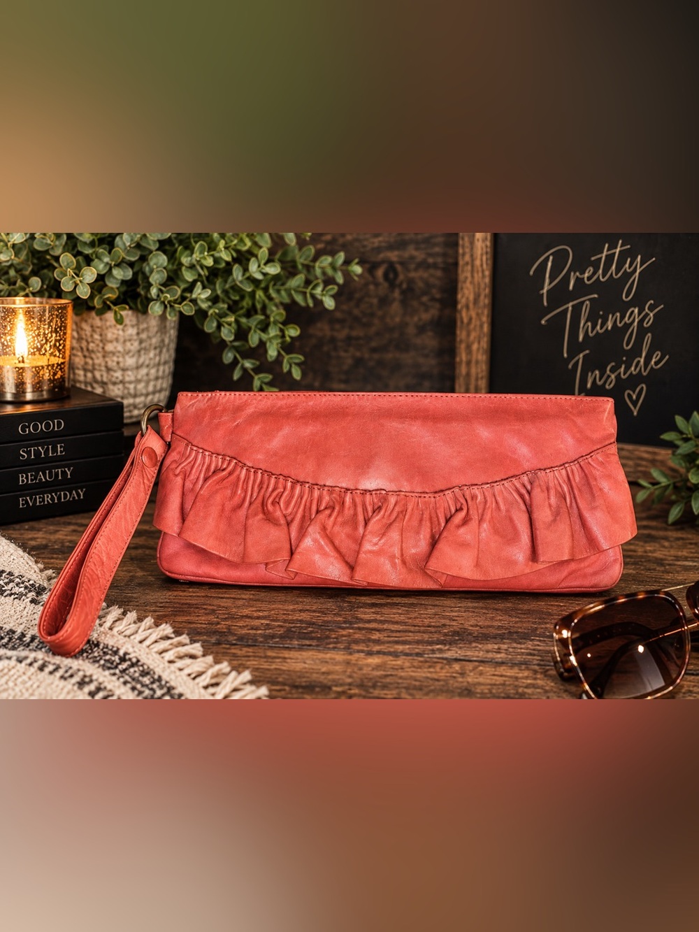 Coral Salmon Ruffle Wristlet Clutch Purse - #1034